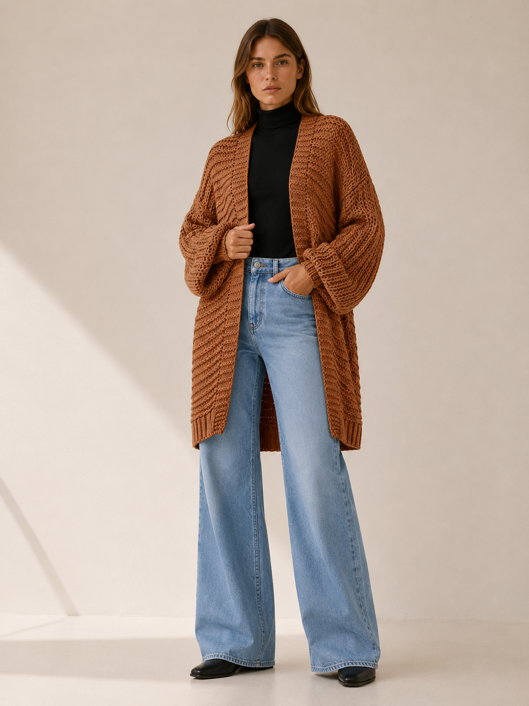 Imogen | Long Cardigan with Balloon Sleeves and Open Front