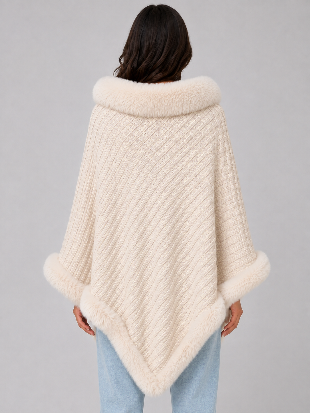 Cleo | Women's Knitted Faux Fur Trim Cape Coat Poncho