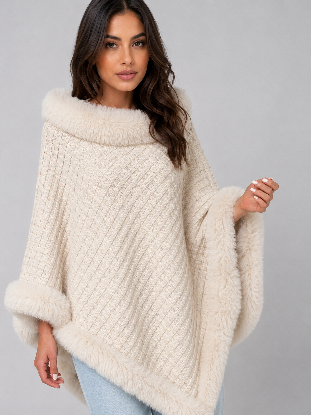 Cleo | Women's Knitted Faux Fur Trim Cape Coat Poncho