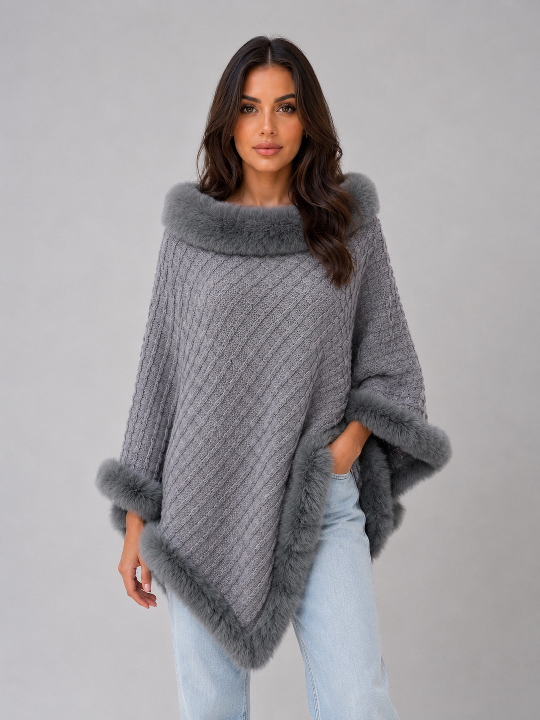 Cleo | Women's Knitted Faux Fur Trim Cape Coat Poncho