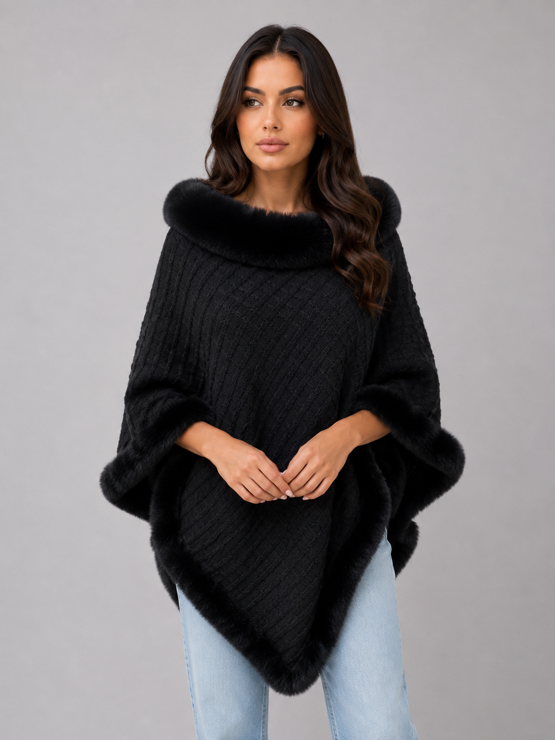 Cleo | Women's Knitted Faux Fur Trim Cape Coat Poncho