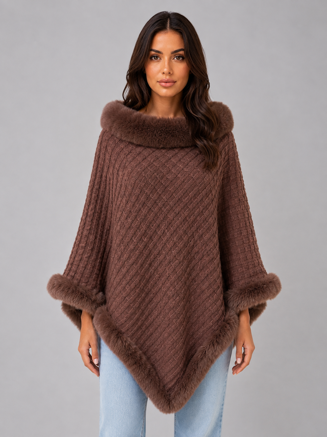 Cleo | Women's Knitted Faux Fur Trim Cape Coat Poncho