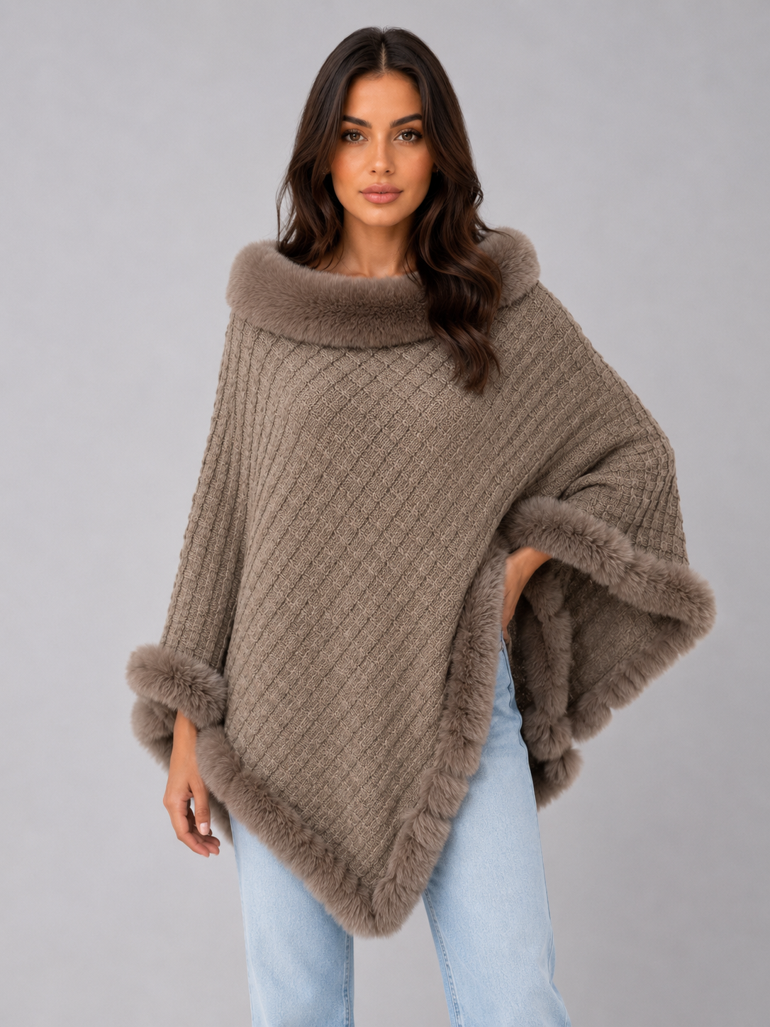 Cleo | Women's Knitted Faux Fur Trim Cape Coat Poncho