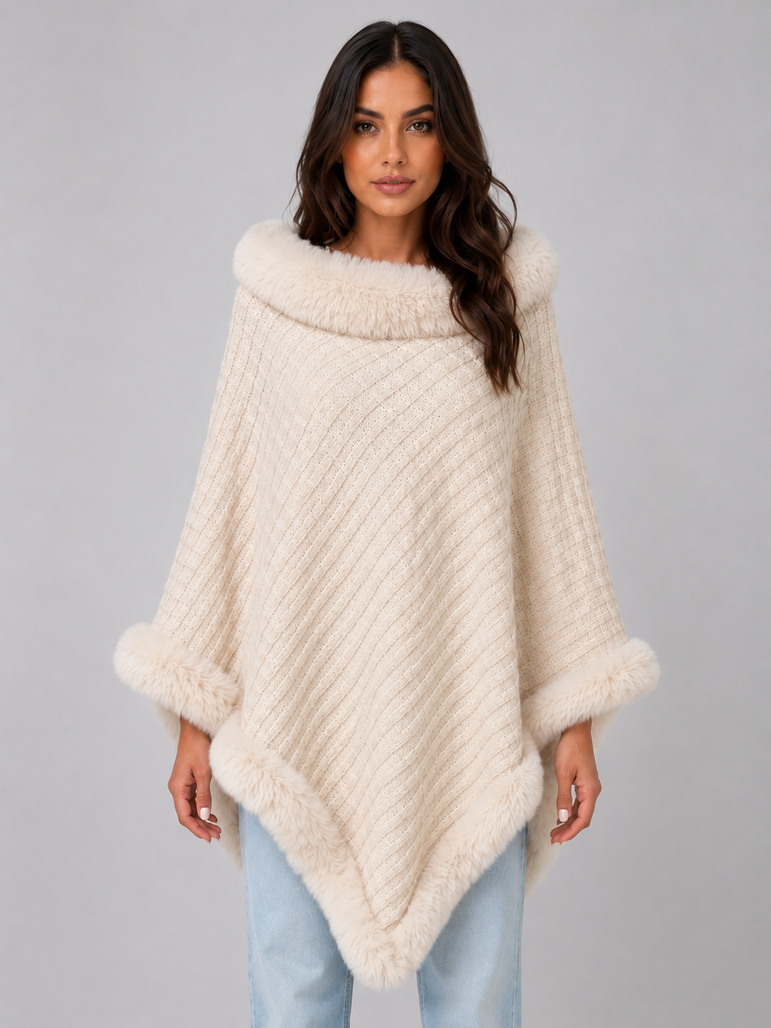 Cleo | Women's Knitted Faux Fur Trim Cape Coat Poncho