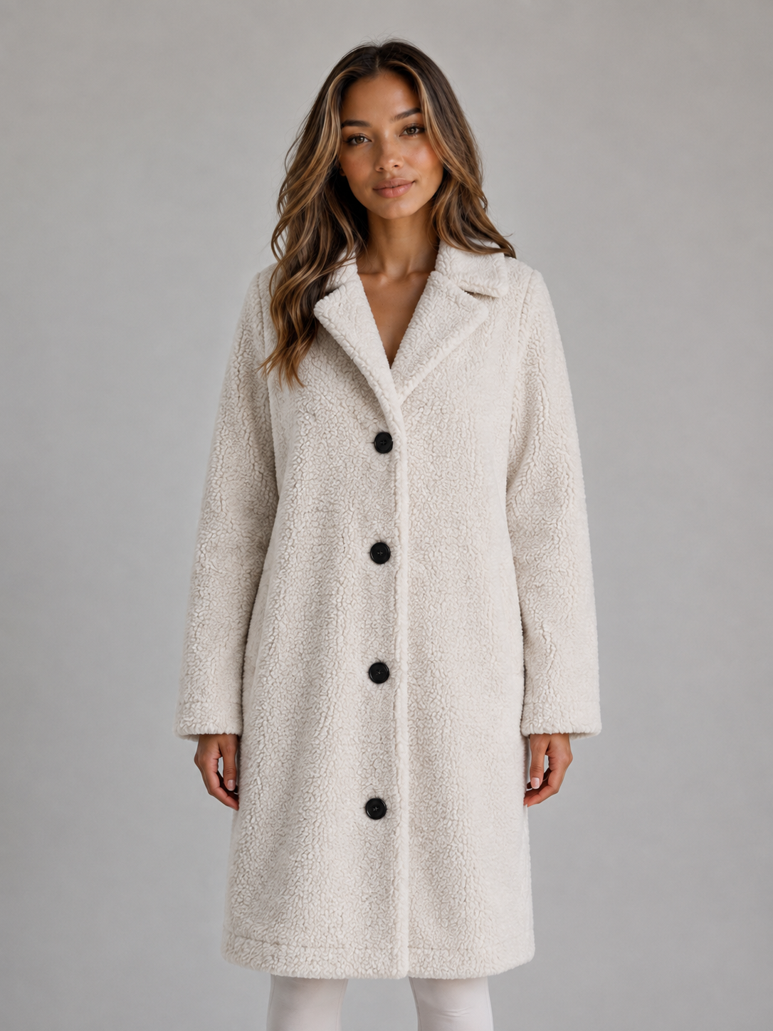 Esme | Women's Long Button Front Teddy Borg Fleece Coat