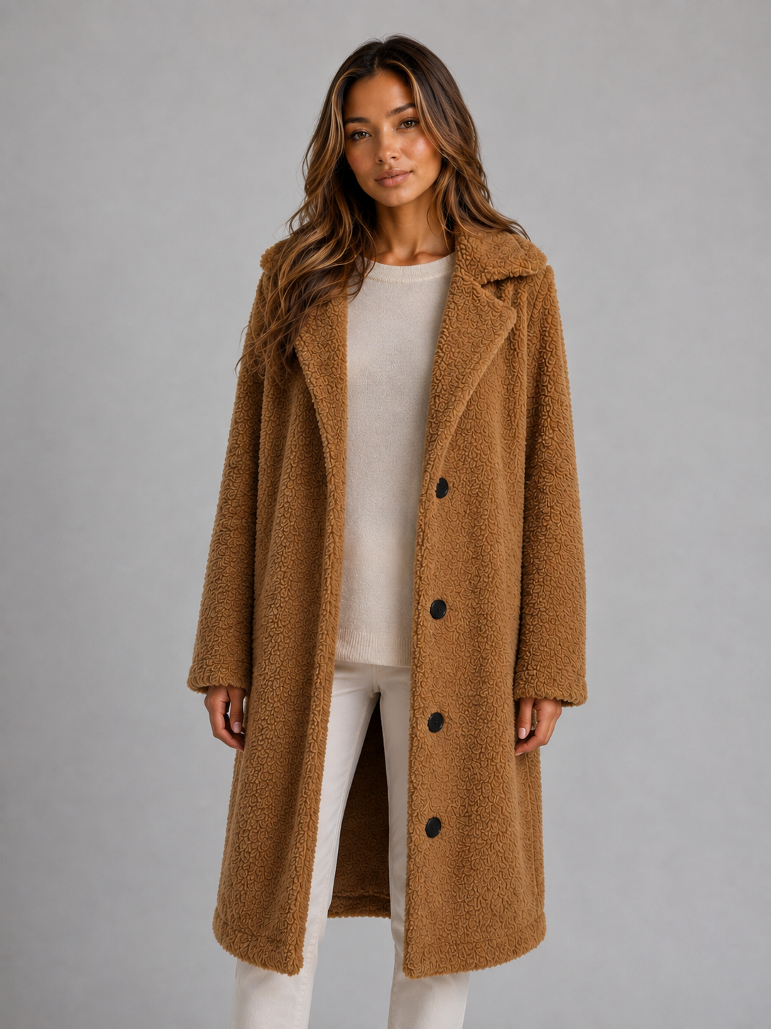 Esme | Women's Long Button Front Teddy Borg Fleece Coat