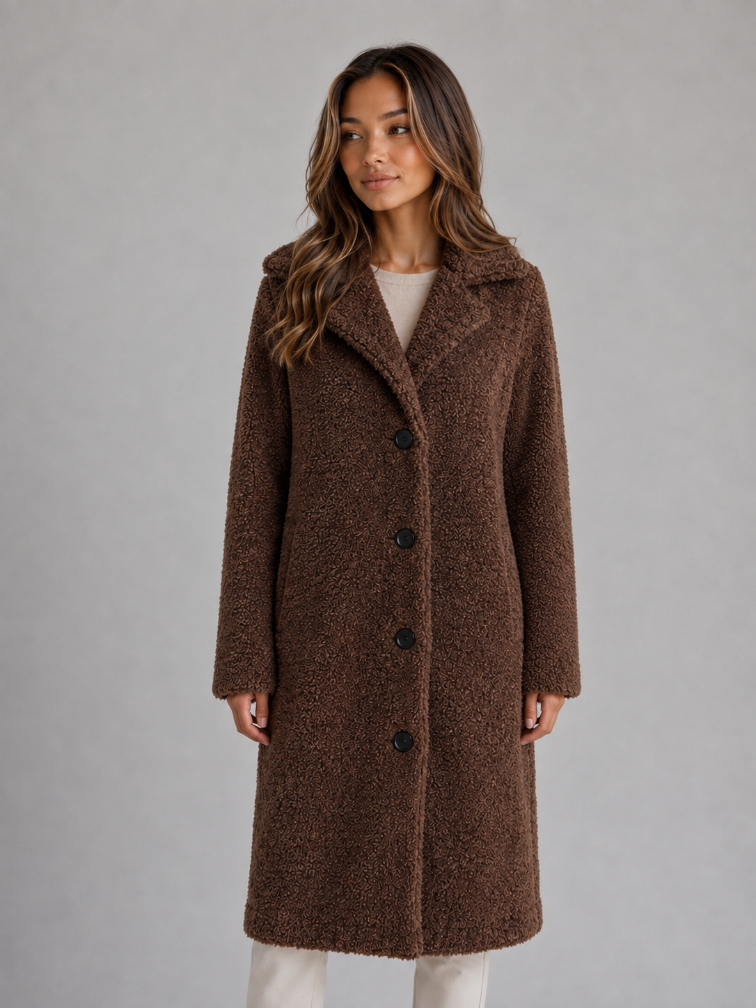 Esme | Women's Long Button Front Teddy Borg Fleece Coat