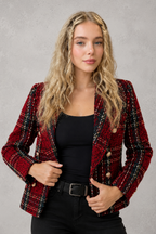Women’s Plaid Tweed Double-Breasted Blazer – Smart Casual Tailored Jacket