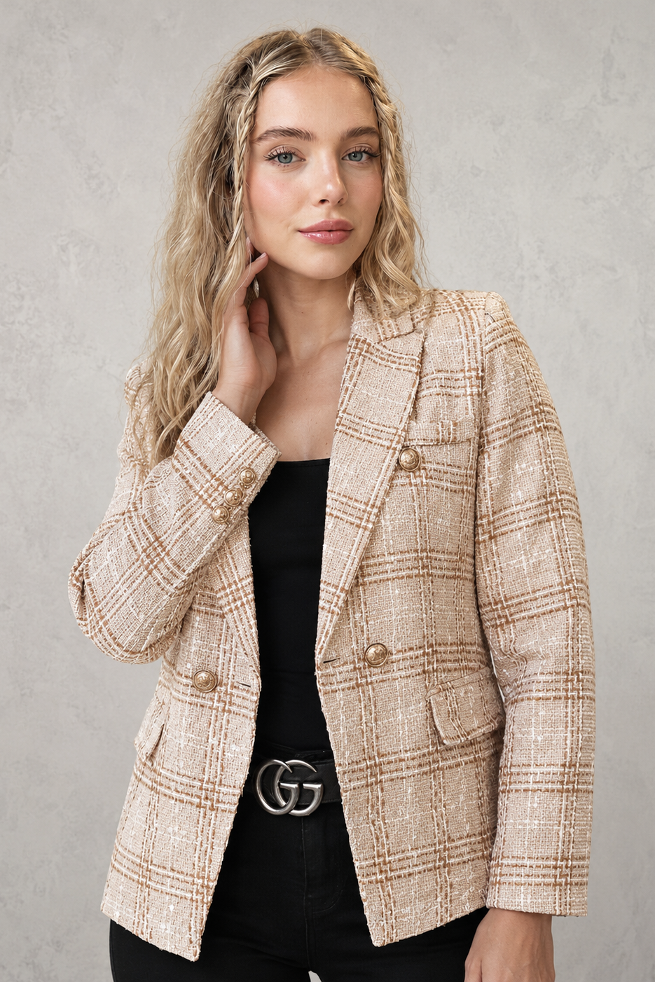 Women’s Plaid Tweed Double-Breasted Blazer – Smart Casual Tailored Jacket