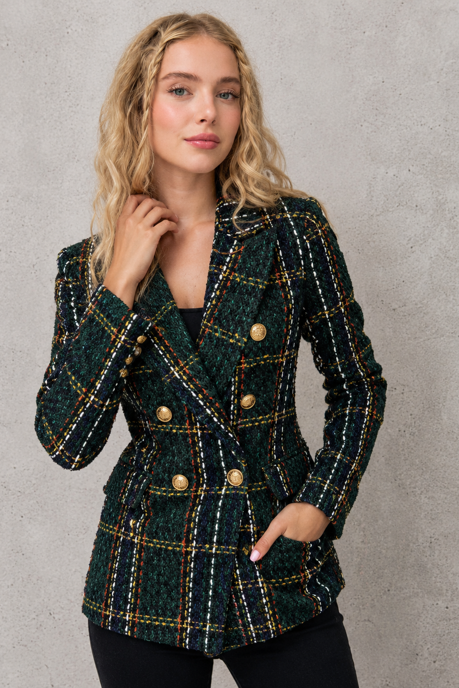 Women’s Plaid Tweed Double-Breasted Blazer – Smart Casual Tailored Jacket
