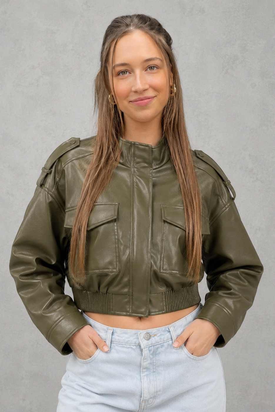 Women’s Pocket Leather Bomber Jacket – Lightweight Cropped Casual Jacket