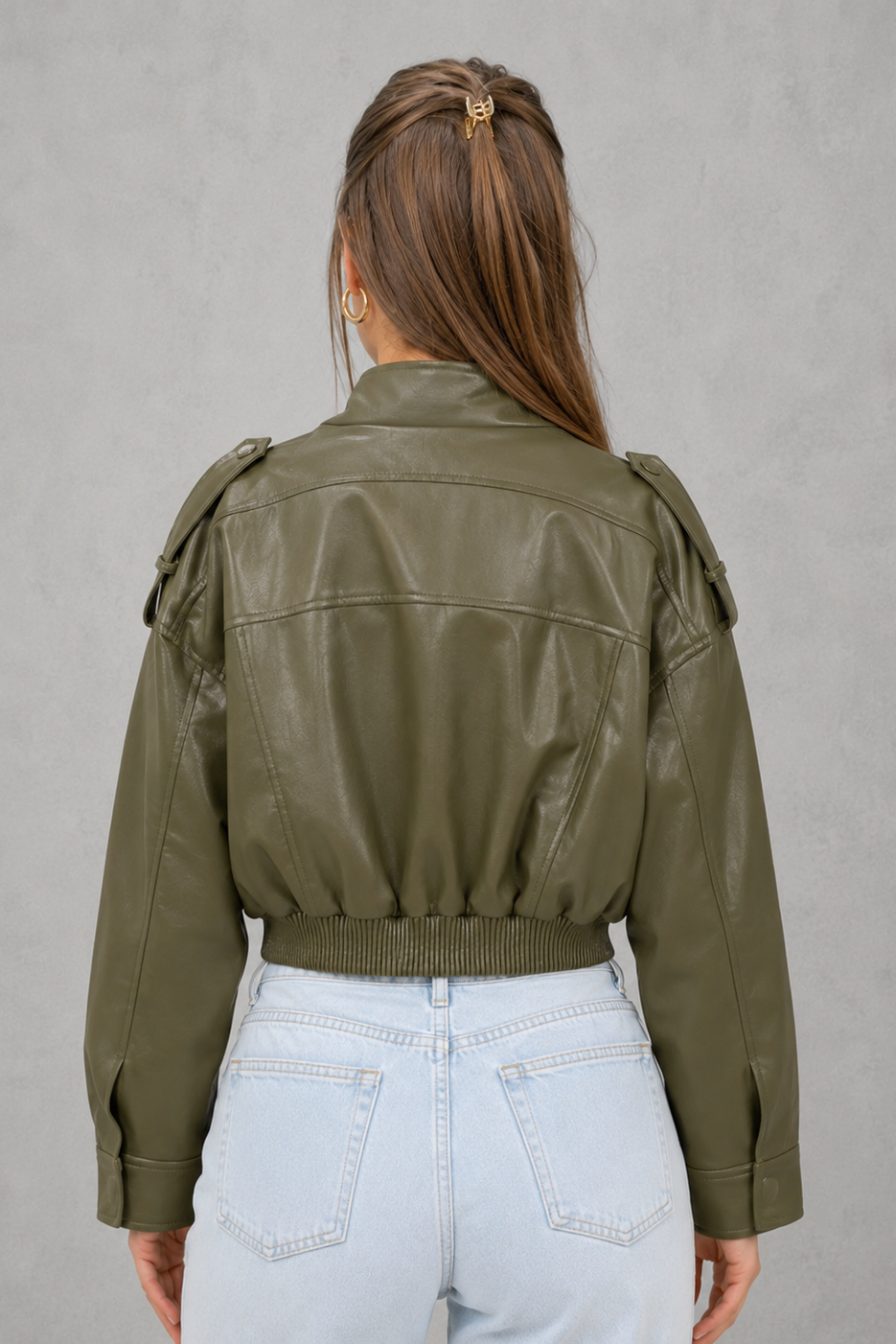 Women’s Pocket Leather Bomber Jacket – Lightweight Cropped Casual Jacket