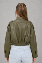 Women’s Pocket Leather Bomber Jacket – Lightweight Cropped Casual Jacket