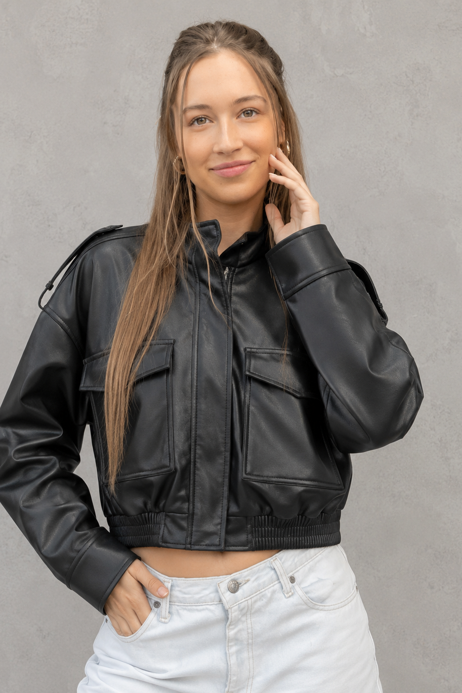 Women’s Pocket Leather Bomber Jacket – Lightweight Cropped Casual Jacket