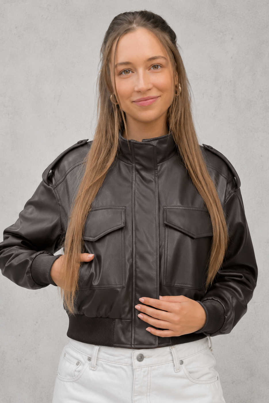 Women’s Pocket Leather Bomber Jacket – Lightweight Cropped Casual Jacket