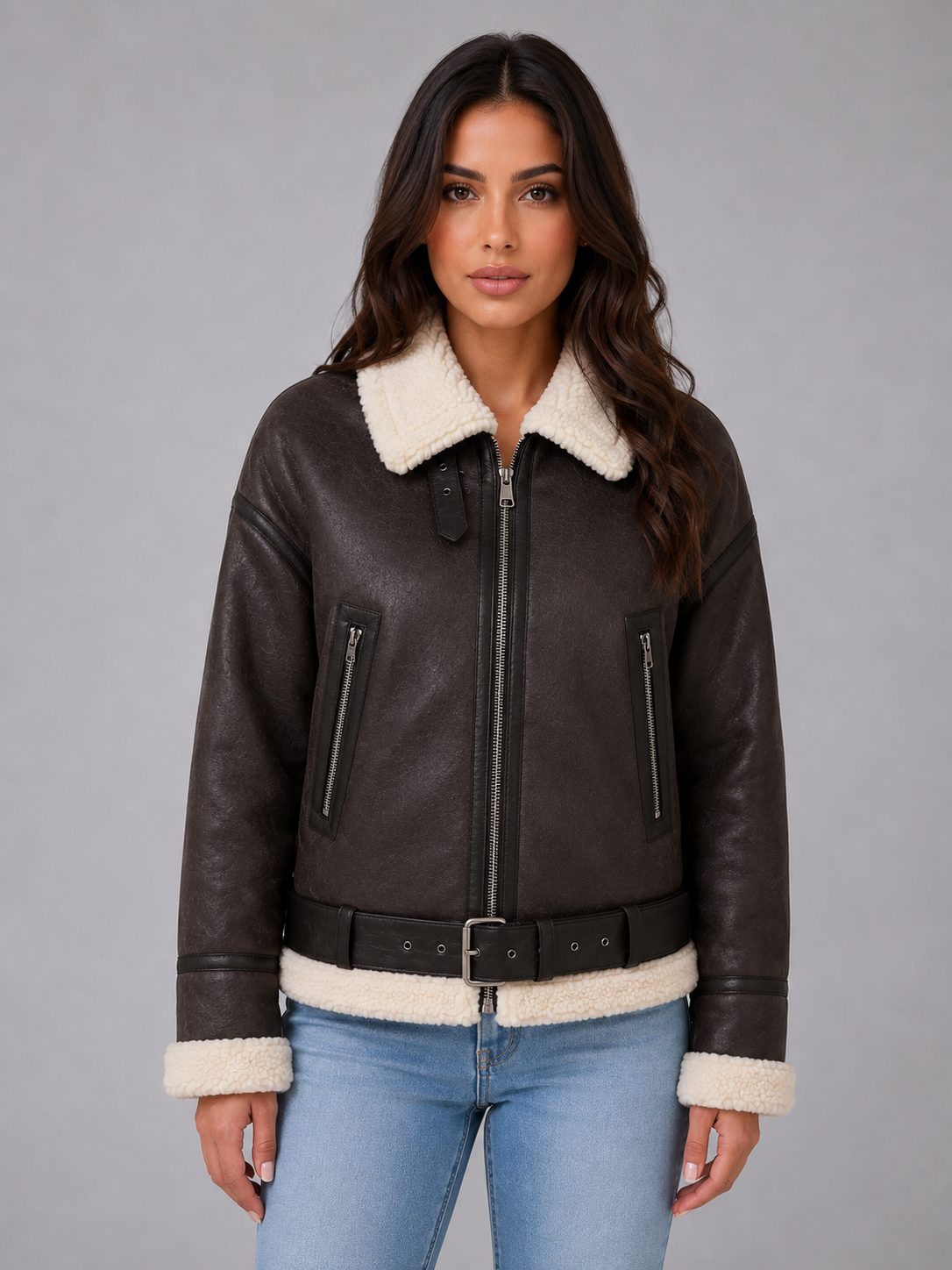 Ivy | Women's Cropped Suede Look Teddy Lined Aviator Jacket