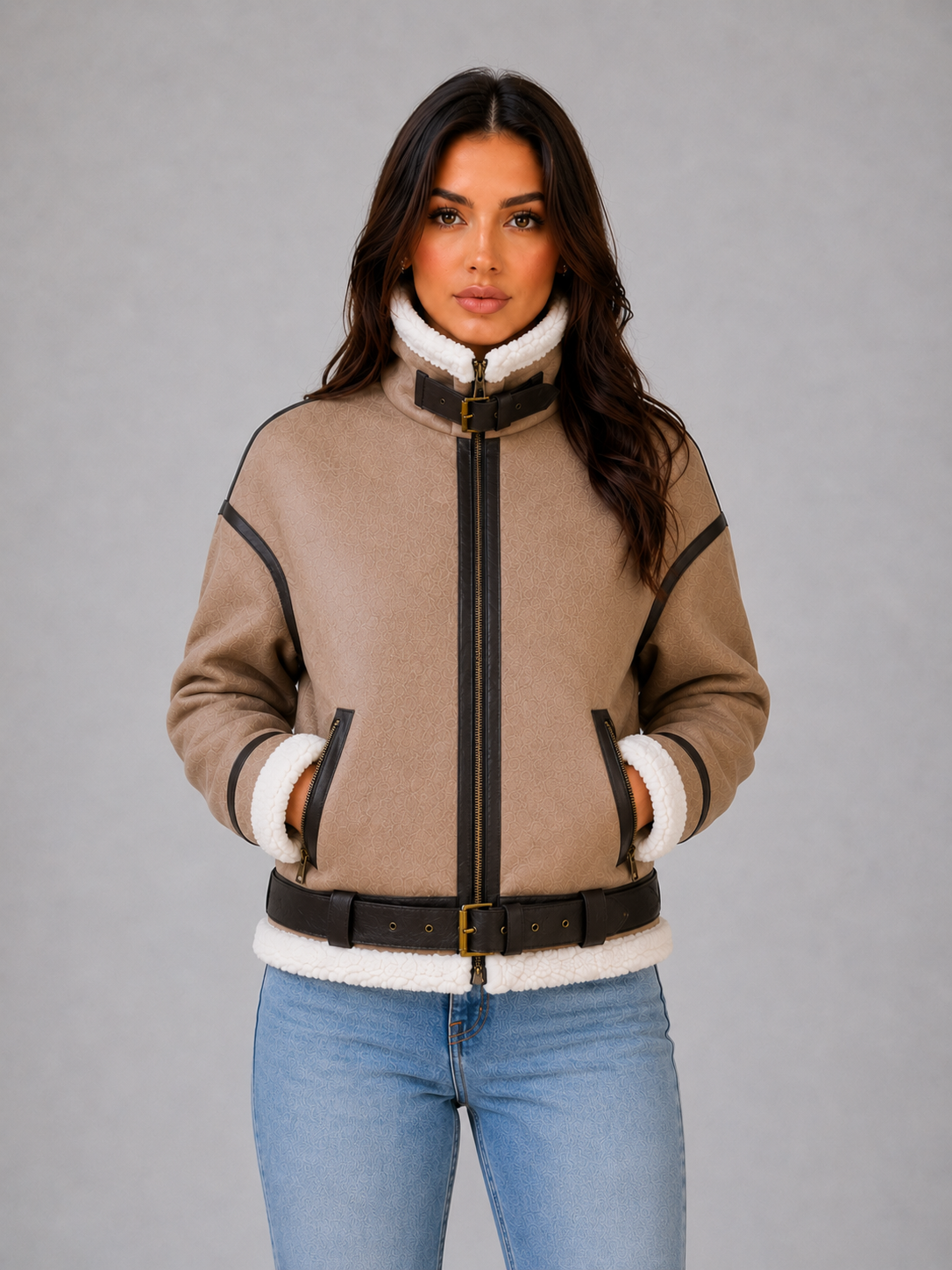 Ivy | Women's Cropped Suede Look Teddy Lined Aviator Jacket