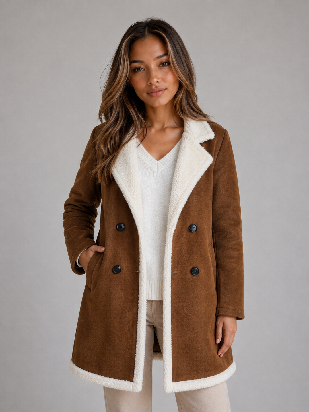Blythe | Women's Longline Suede Look Shearling Coat
