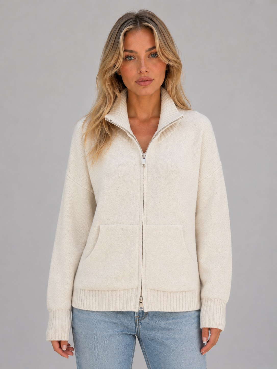 Lena | Women's Zip-Up Funnel Neck Knitted Cardigan