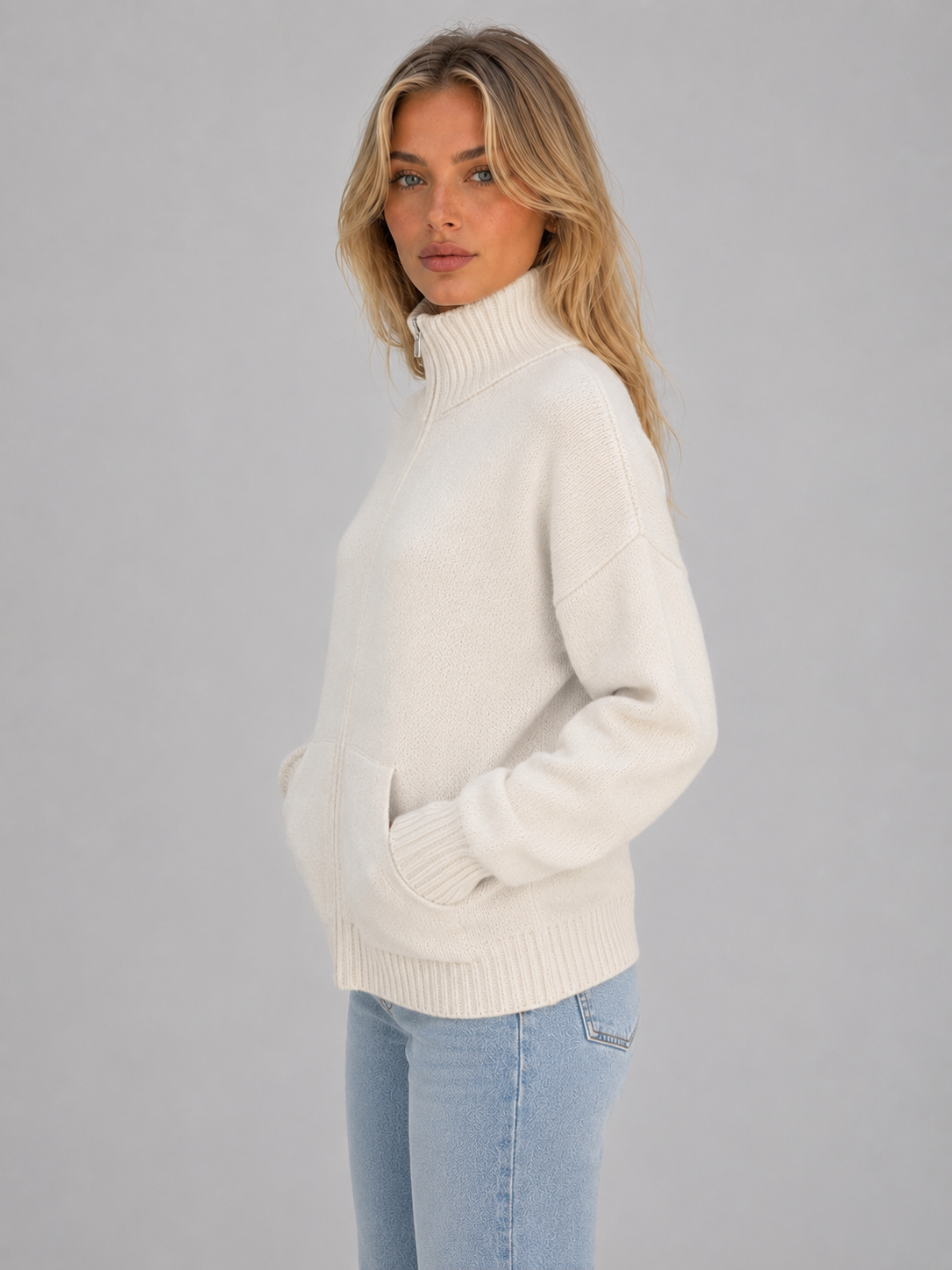 Lena | Women's Zip-Up Funnel Neck Knitted Cardigan