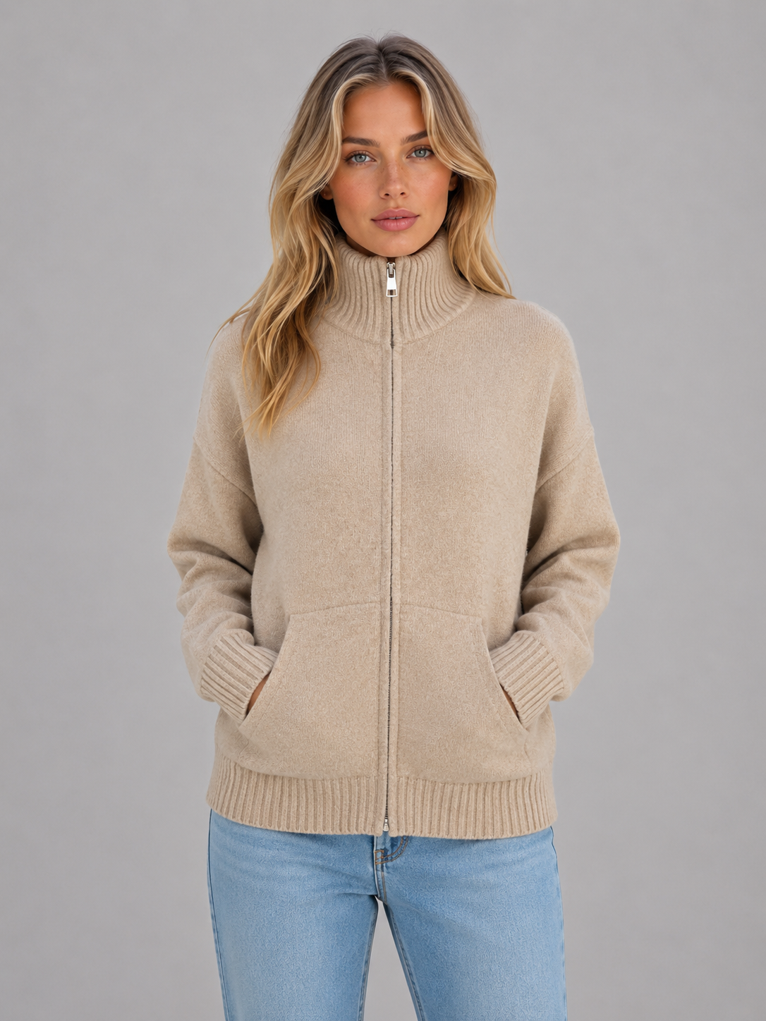 Lena | Women's Zip-Up Funnel Neck Knitted Cardigan