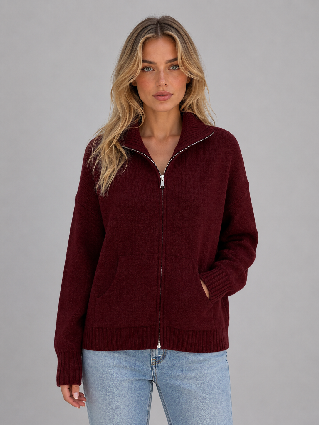 Lena | Women's Zip-Up Funnel Neck Knitted Cardigan