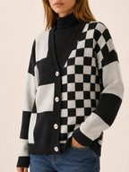Adela | Checked Cardigan with V-Neck and Button Front