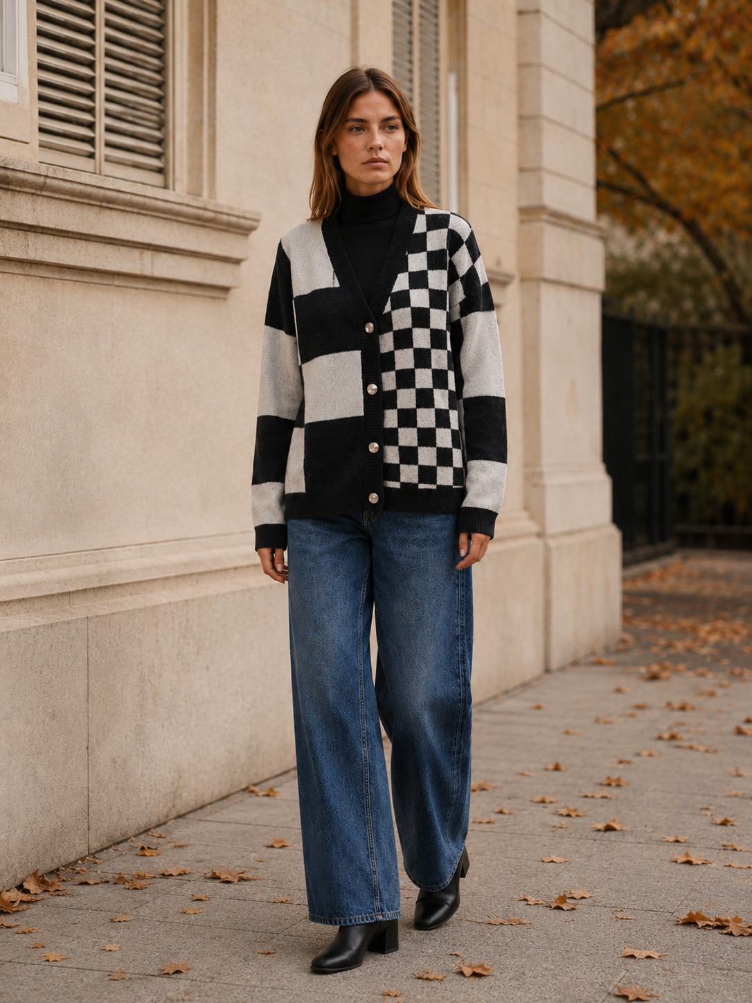Adela | Checked Cardigan with V-Neck and Button Front