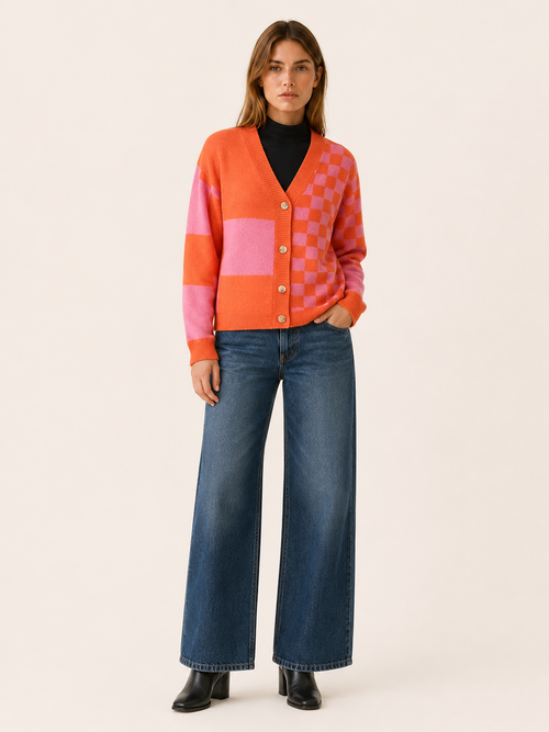 Adela | Checked Cardigan with V-Neck and Button Front
