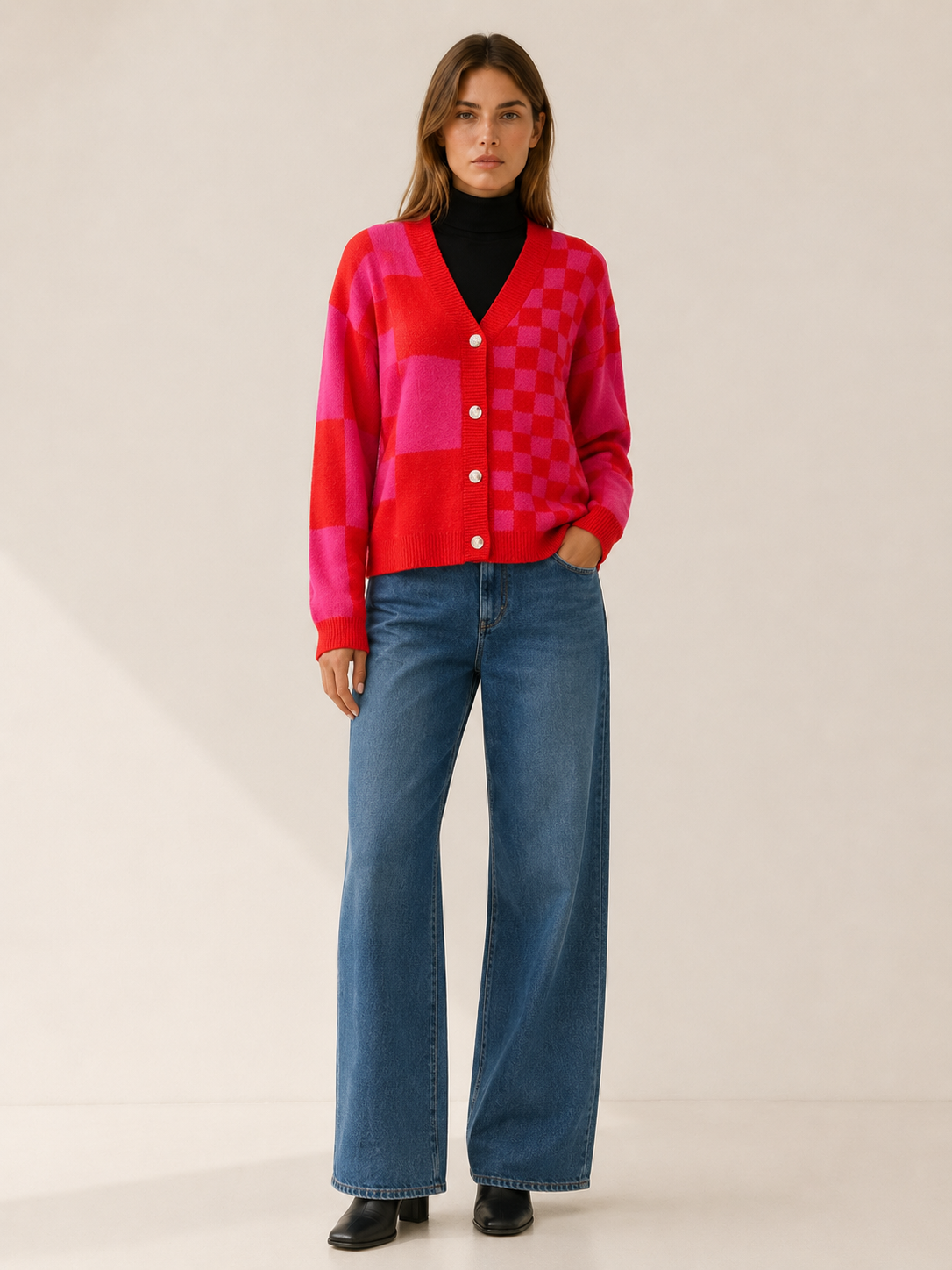 Adela | Checked Cardigan with V-Neck and Button Front
