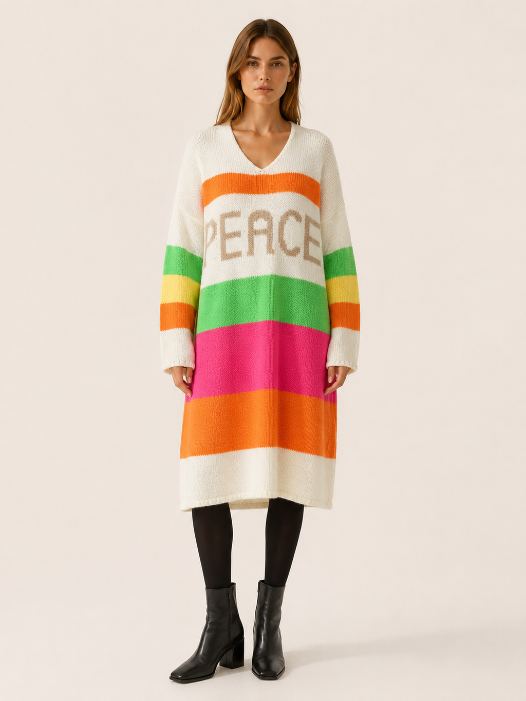 Aelvissa | Sweater Dress with V-Neck and Striped Panels