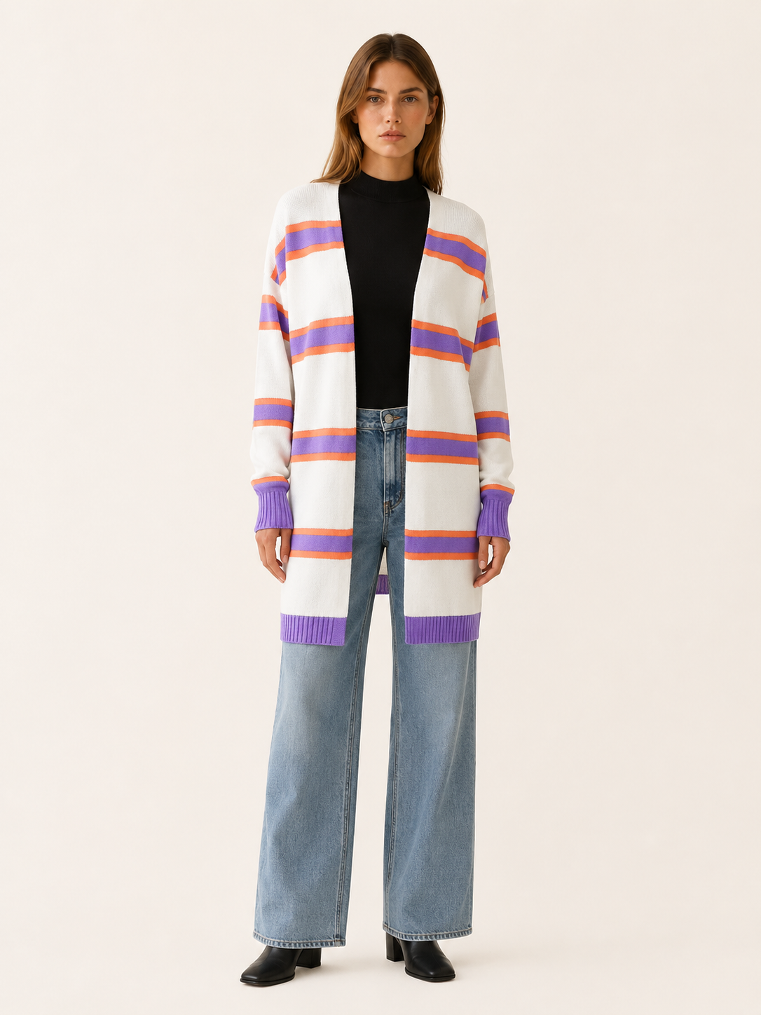 Ailsa | Long Cardigan with Open Front and Striped Design