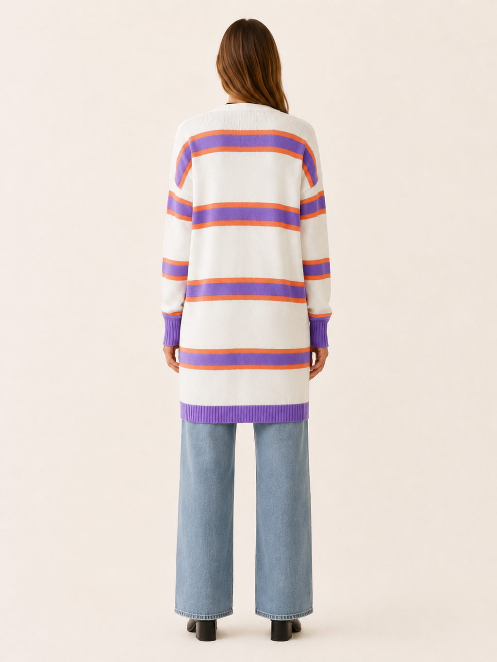 Ailsa | Long Cardigan with Open Front and Striped Design