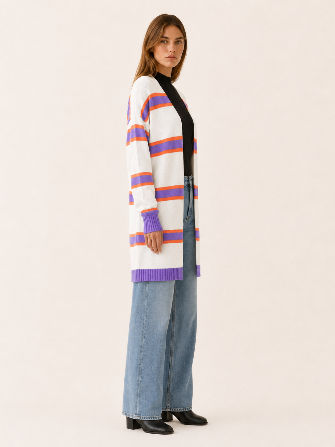 Ailsa | Long Cardigan with Open Front and Striped Design