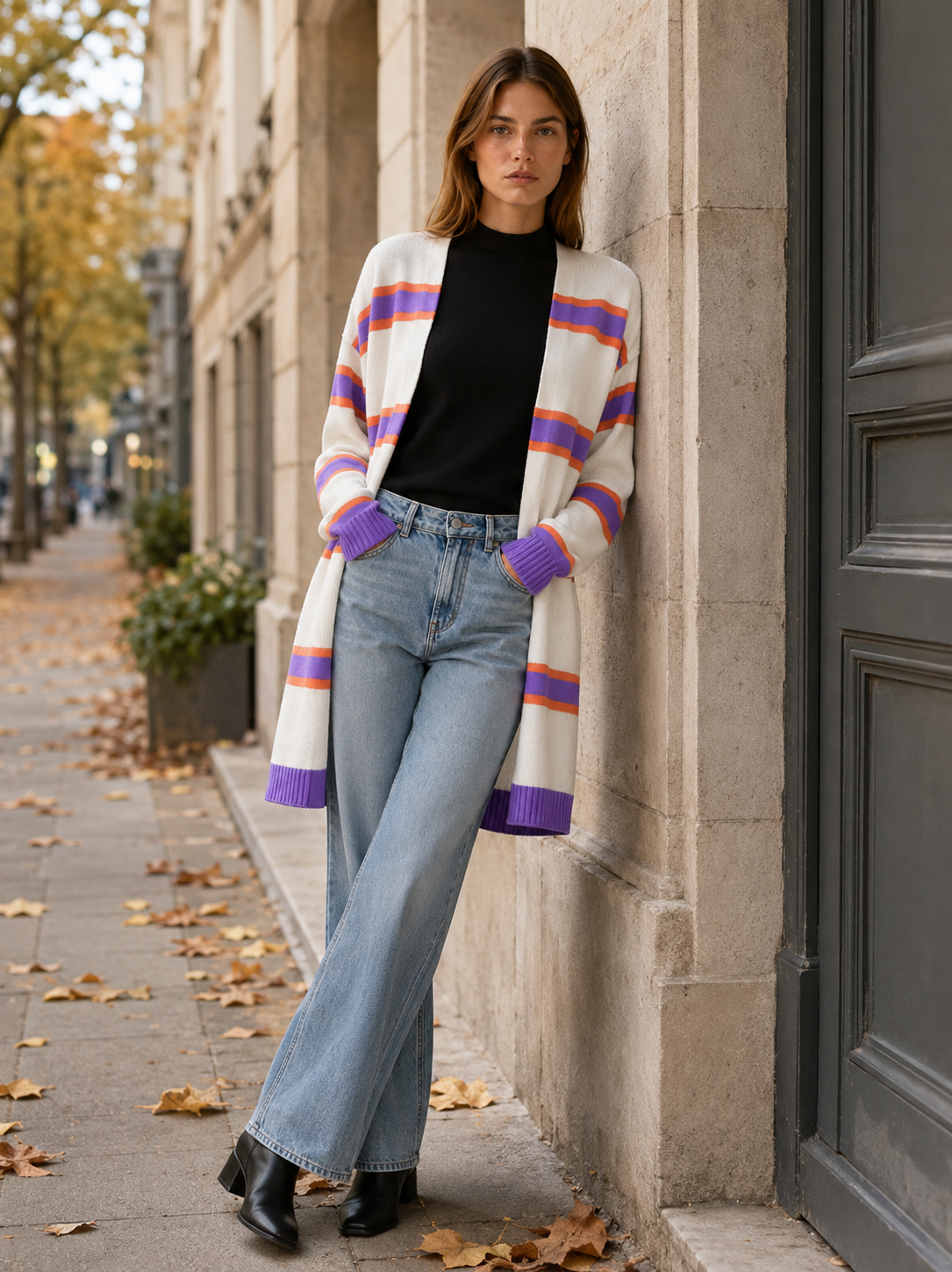 Ailsa | Long Cardigan with Open Front and Striped Design