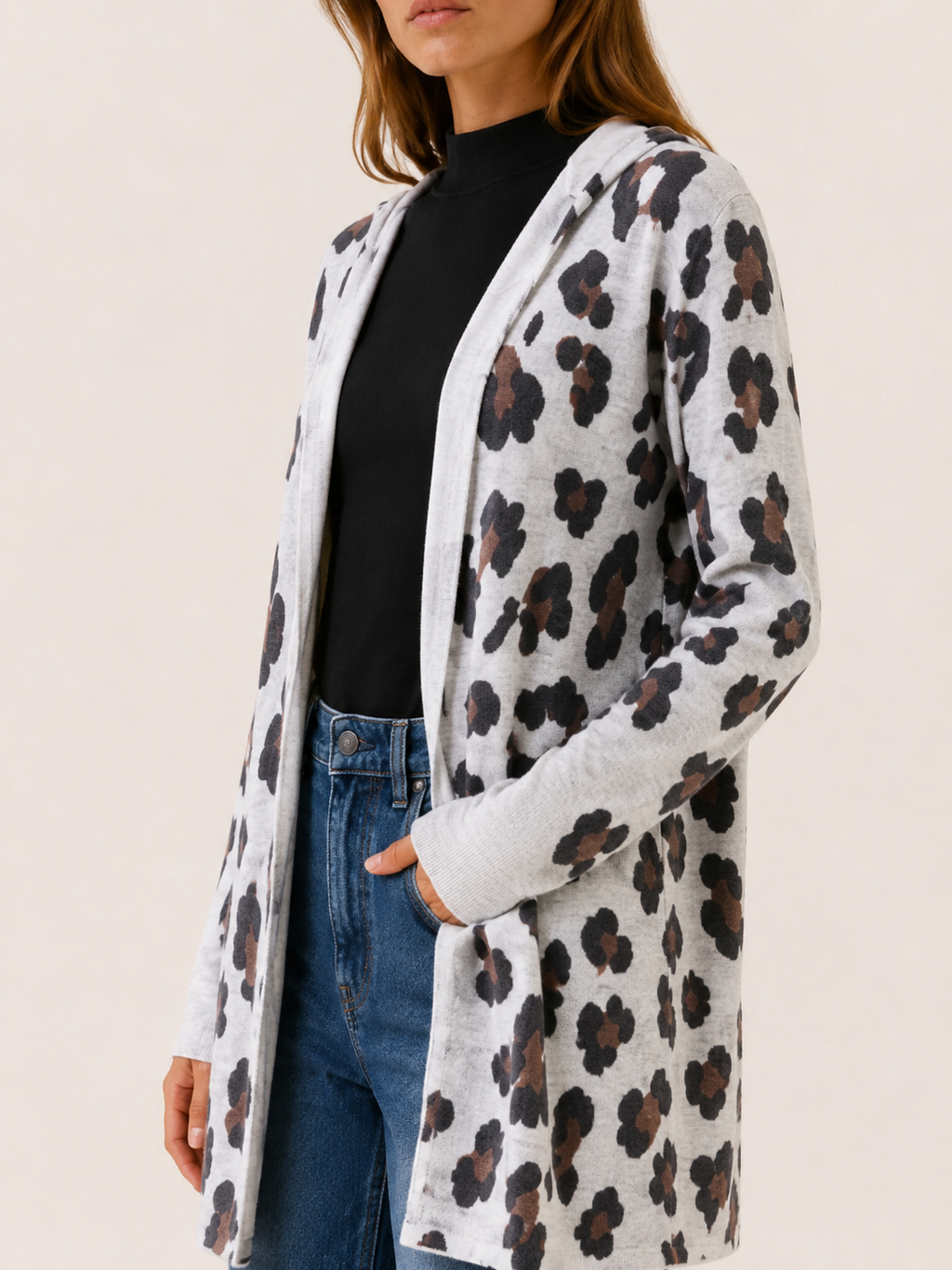 Anouk | Long Cardigan with Leopard Print and Open Front