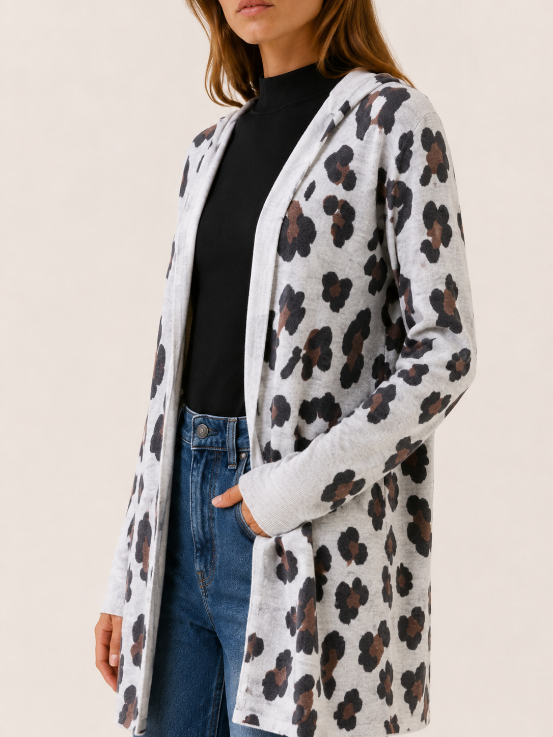 Anouk | Long Cardigan with Leopard Print and Open Front