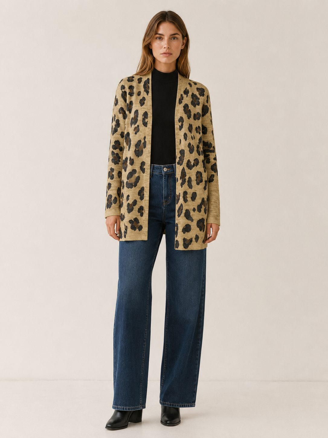 Anouk | Long Cardigan with Leopard Print and Open Front