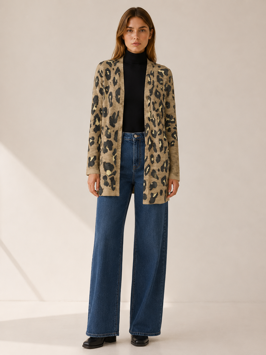 Anouk | Long Cardigan with Leopard Print and Open Front