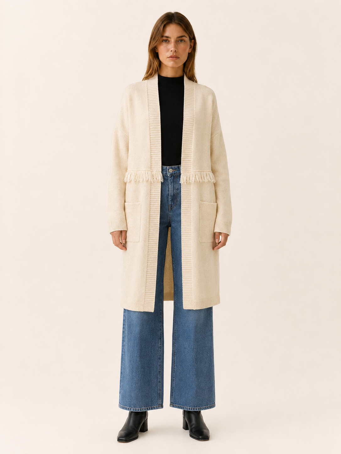 Apolline | Long Cardigan with Open Front and Pockets