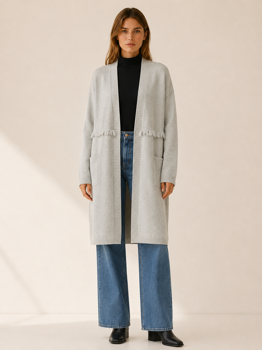 Apolline | Long Cardigan with Open Front and Pockets