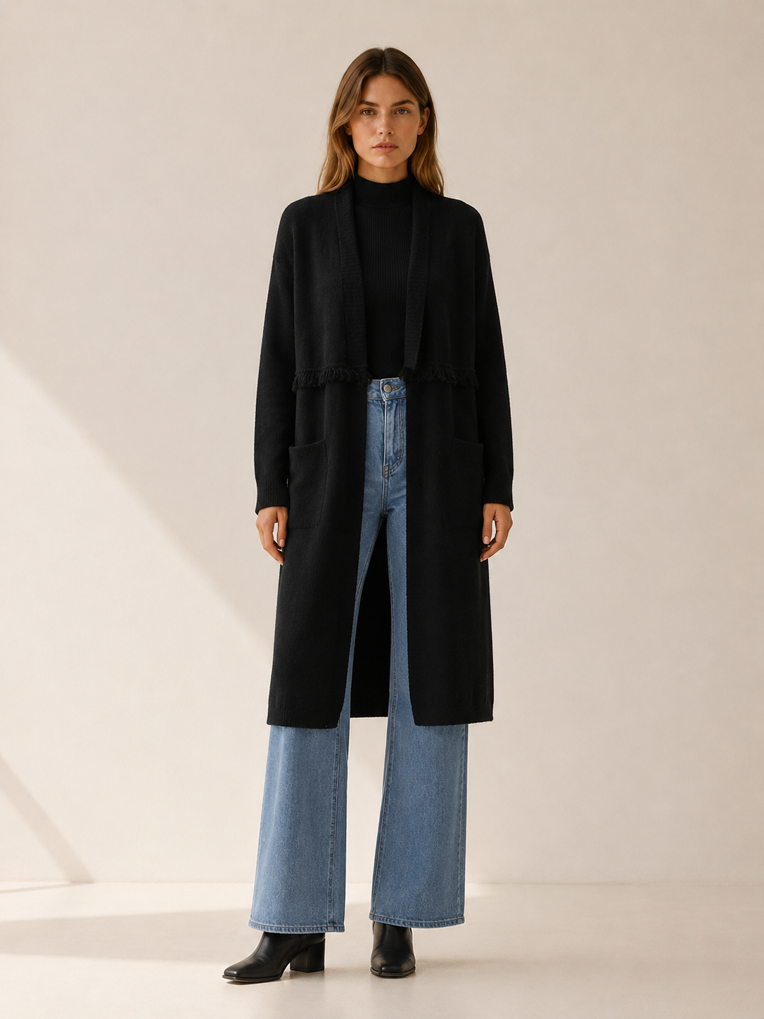 Apolline | Long Cardigan with Open Front and Pockets