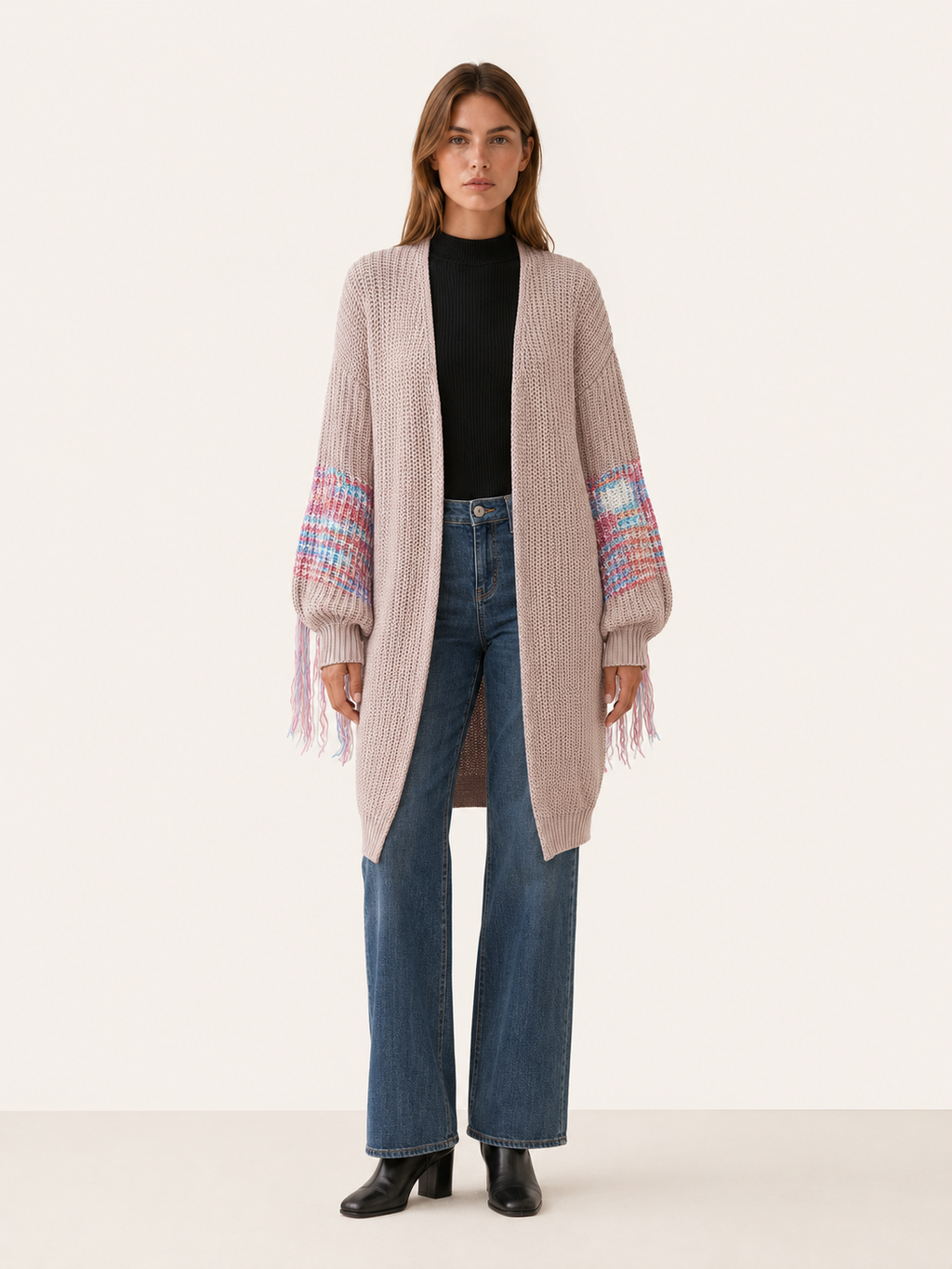 Ariadne | Long Cardigan with Fringe Sleeves and Open Front