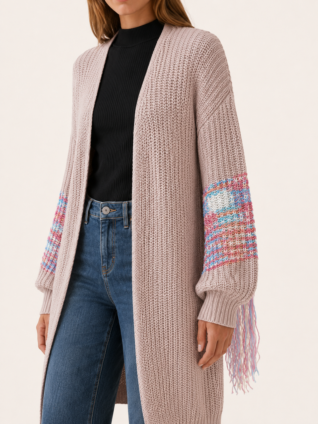 Ariadne | Long Cardigan with Fringe Sleeves and Open Front