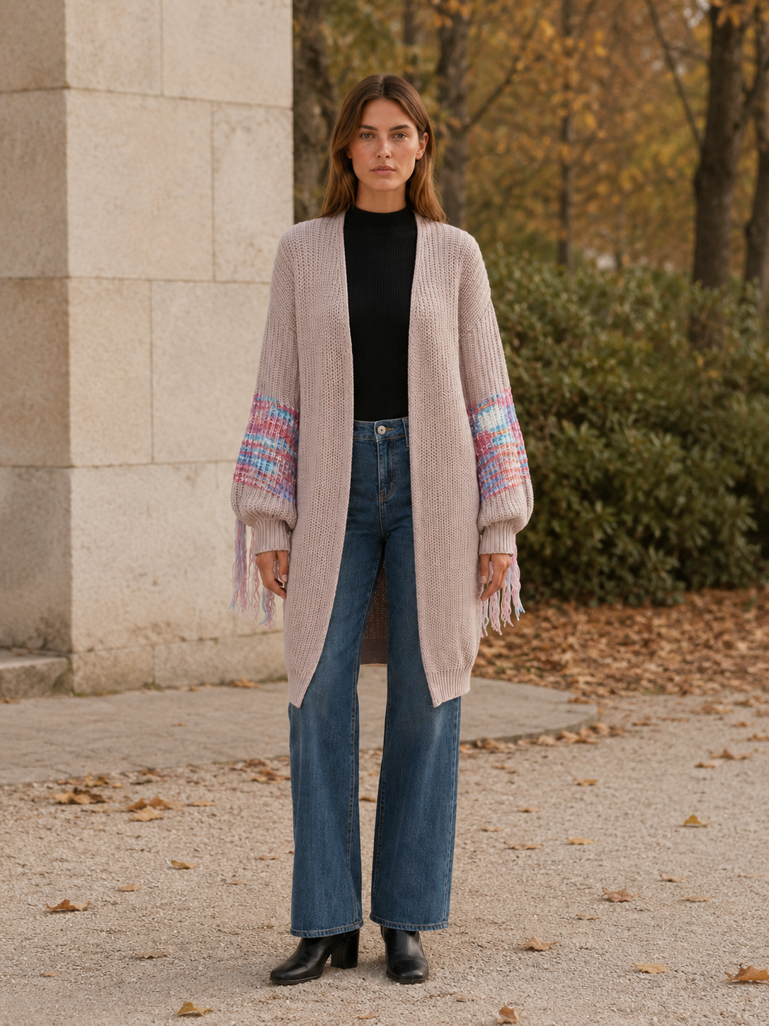 Ariadne | Long Cardigan with Fringe Sleeves and Open Front