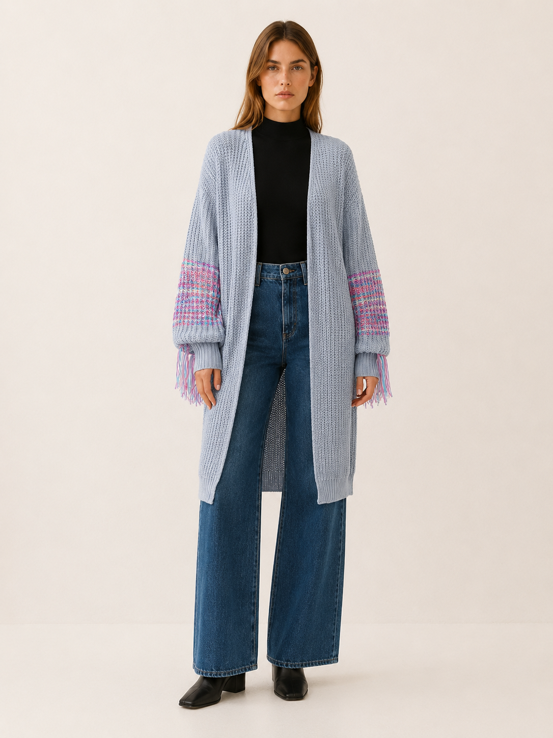 Ariadne | Long Cardigan with Fringe Sleeves and Open Front