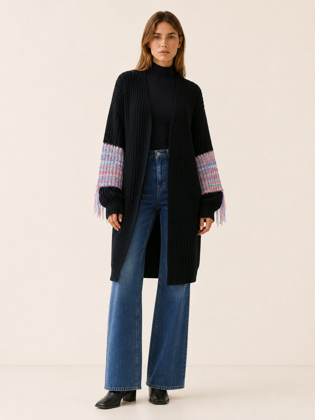 Ariadne | Long Cardigan with Fringe Sleeves and Open Front