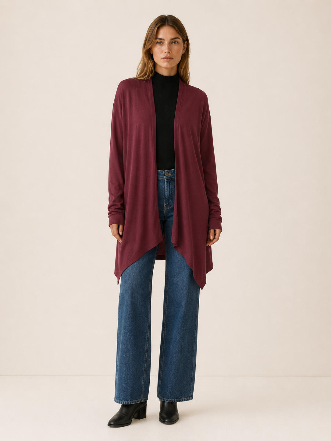 Calista | Long Cardigan with Open Front and Draped Hem