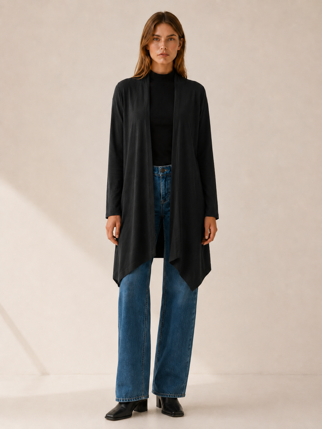 Calista | Long Cardigan with Open Front and Draped Hem