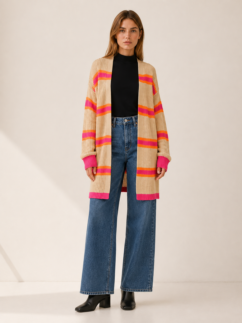 Claudine | Long Cardigan with Open Front and Striped Design